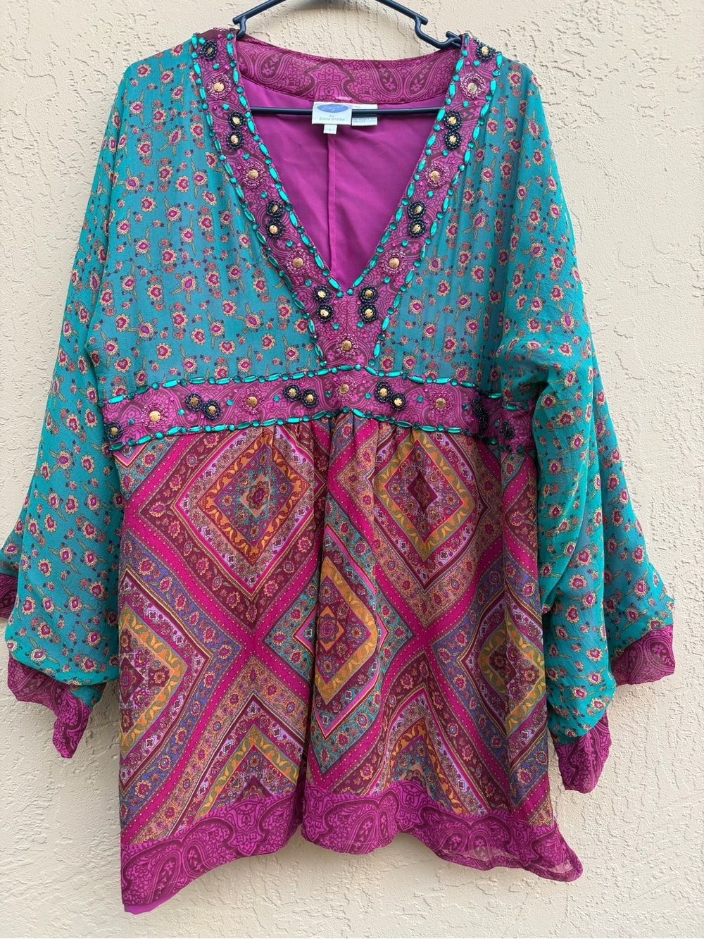 DG2 Diane Gilman 100% Silk Beaded Boho Tunic Kimono Blouse Top Large L